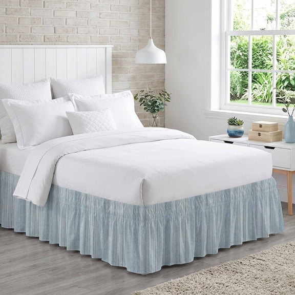 Abstract Blue Bed Skirt King Size 18 Inch Drop, Rustic Farmhouse Minimalist Light Blue Vertical Striped Lines Adjustable Elastic Dust Ruffles Bedskirt for King Bed Wrap Around Pleated Mattress Cover