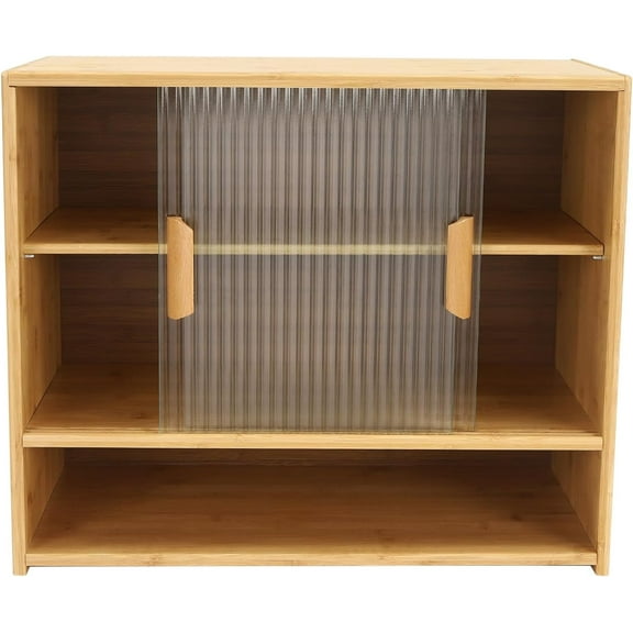 OUKANING 3 Tiers Kitchen Pantry Sideboard Countertop Storage Cabinet with Glass Door Freestanding Cupboard for Kitchen Dining Room Pantry Coffee Bar (Light Brown)