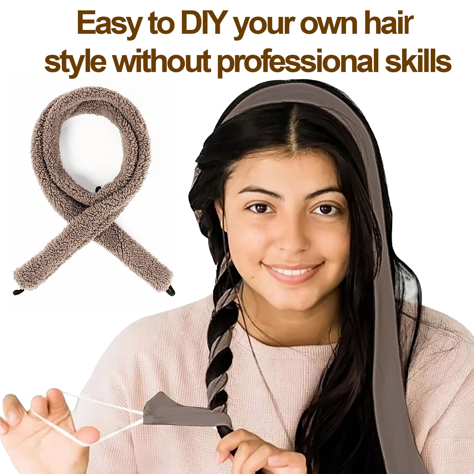 Satin Heatless Hair Curler, Lazy Natural Soft Wave DIY Heatless Curls for Sleep in Overnight, for All Hair Types, Light Brown