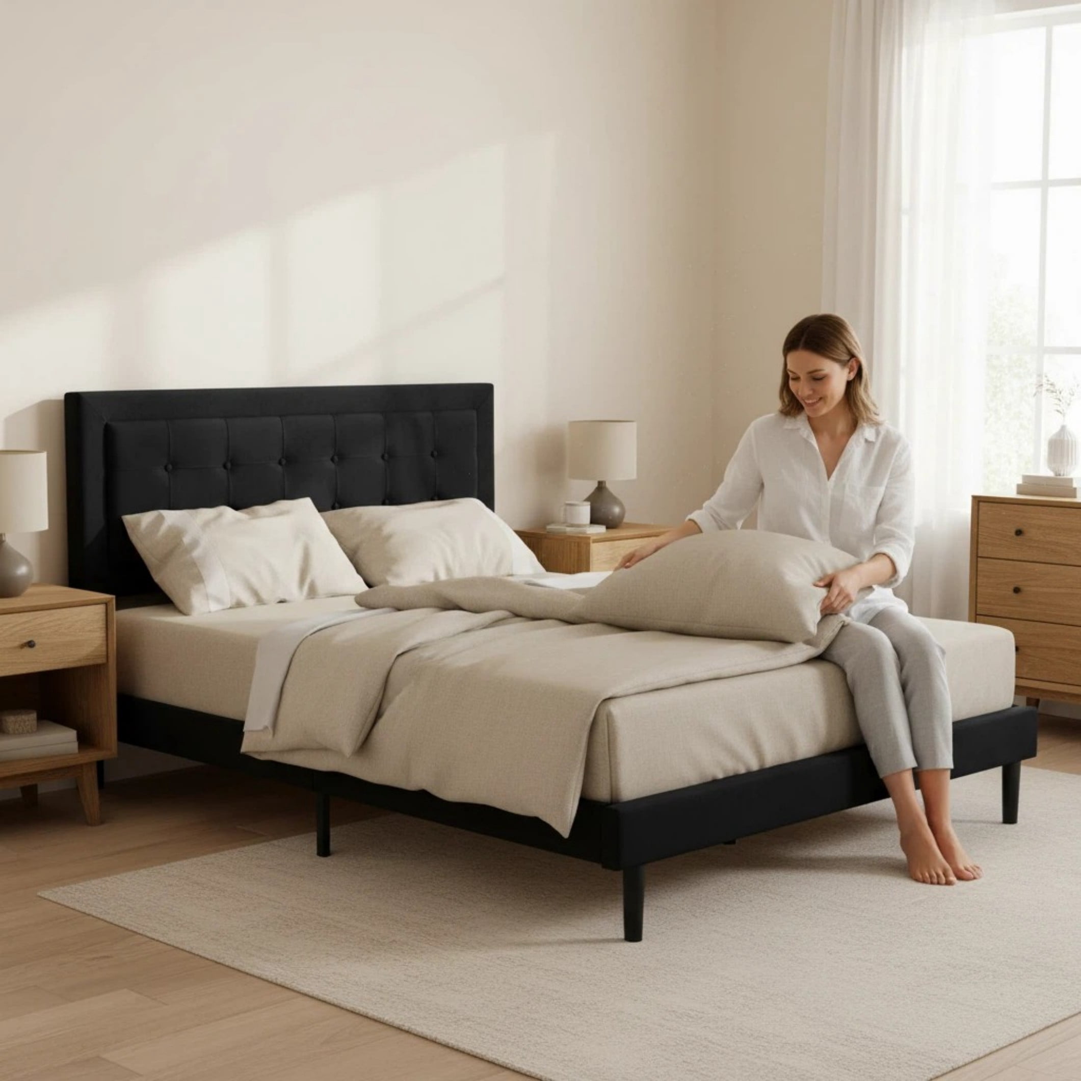 BSHTI Queen Size Platform Bed Frame with Square Tufted Upholstered Headboard – Solid Wood Frame, 10 Wood Slats, Center Support Leg, Under-Bed Clearance, No Box Spring Needed, Black