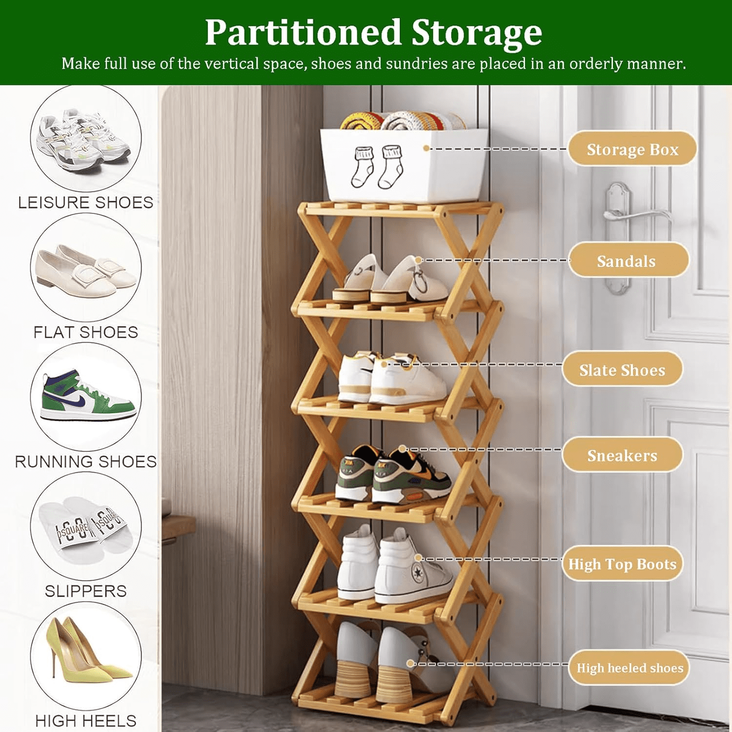 JUANYU Shoes Rack Organizer,Multi Tier Wooden Foldable Storage Rack for Home Shoe Storage with Durable Cross Structure,7-Tier,Black