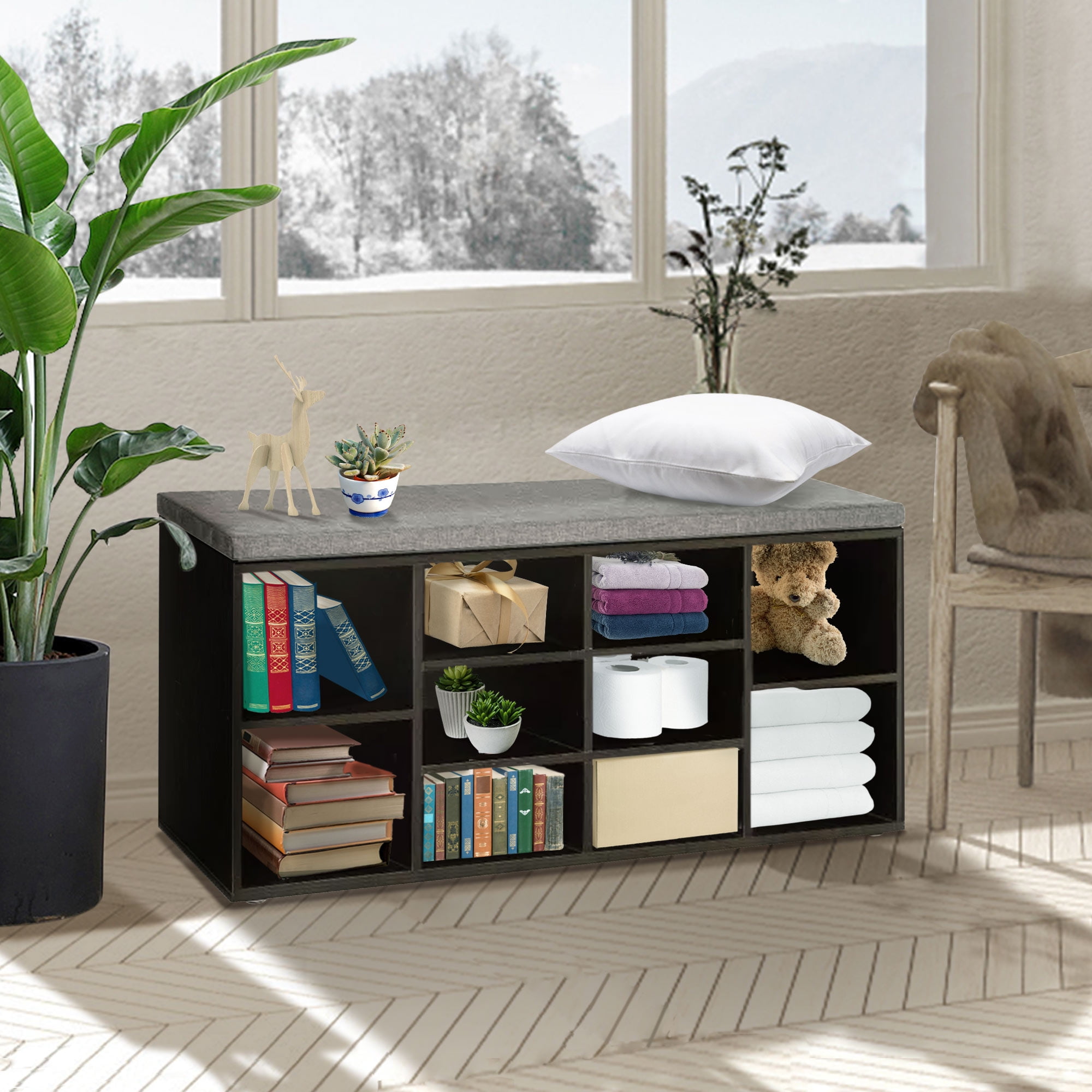 Shoe Bench Storage Bench with cushion, Entryway Bench with Storage, 10 Compartments Shoe Organizer with 3-Tier Shoe Rack, Adjustable Shelves Shoe Storage for Entryway Hallway Bedroom, Black