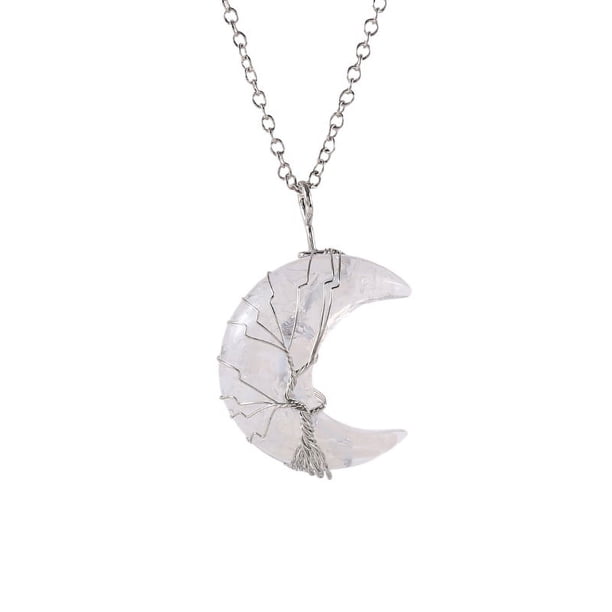 Zhuge Colgante de collar con árbol de la vida, accesorios de collar para hombres y mujeres, colgante de luna de grava de cristal colorido (hilo de plata blanca)