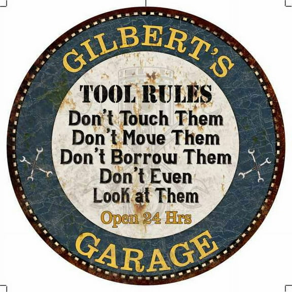GILBERT'S Garage Rules 14" Round Metal Sign Garage Wall Decor 100140015406