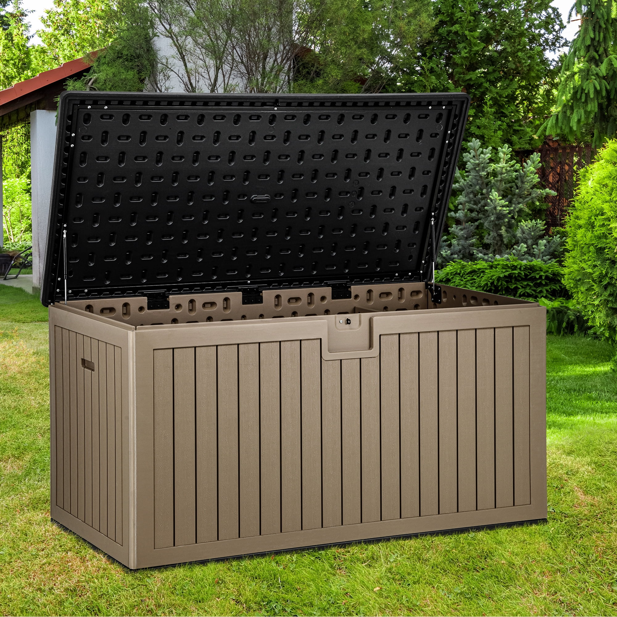 Dextrus Outdoor Waterproof 230 Gallon Resin Deck Box, Black & Brown