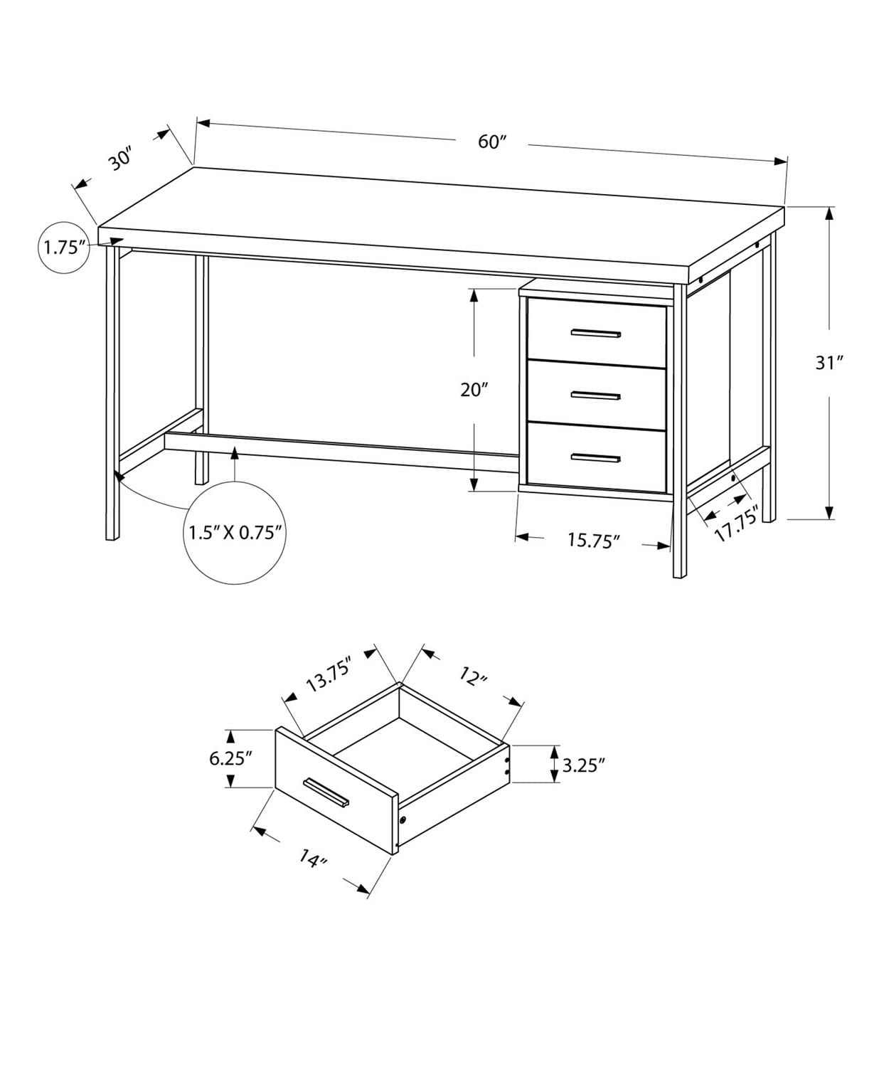 Monarch Specialties Bureau, Bureau À Domicile, Ordinateur Portable, Configuration Gauche, Droite, Tiroirs De Rangement, 60"l, Travail, Métal, Stratifié, Blanc, Gris, Contemporain, Moderne