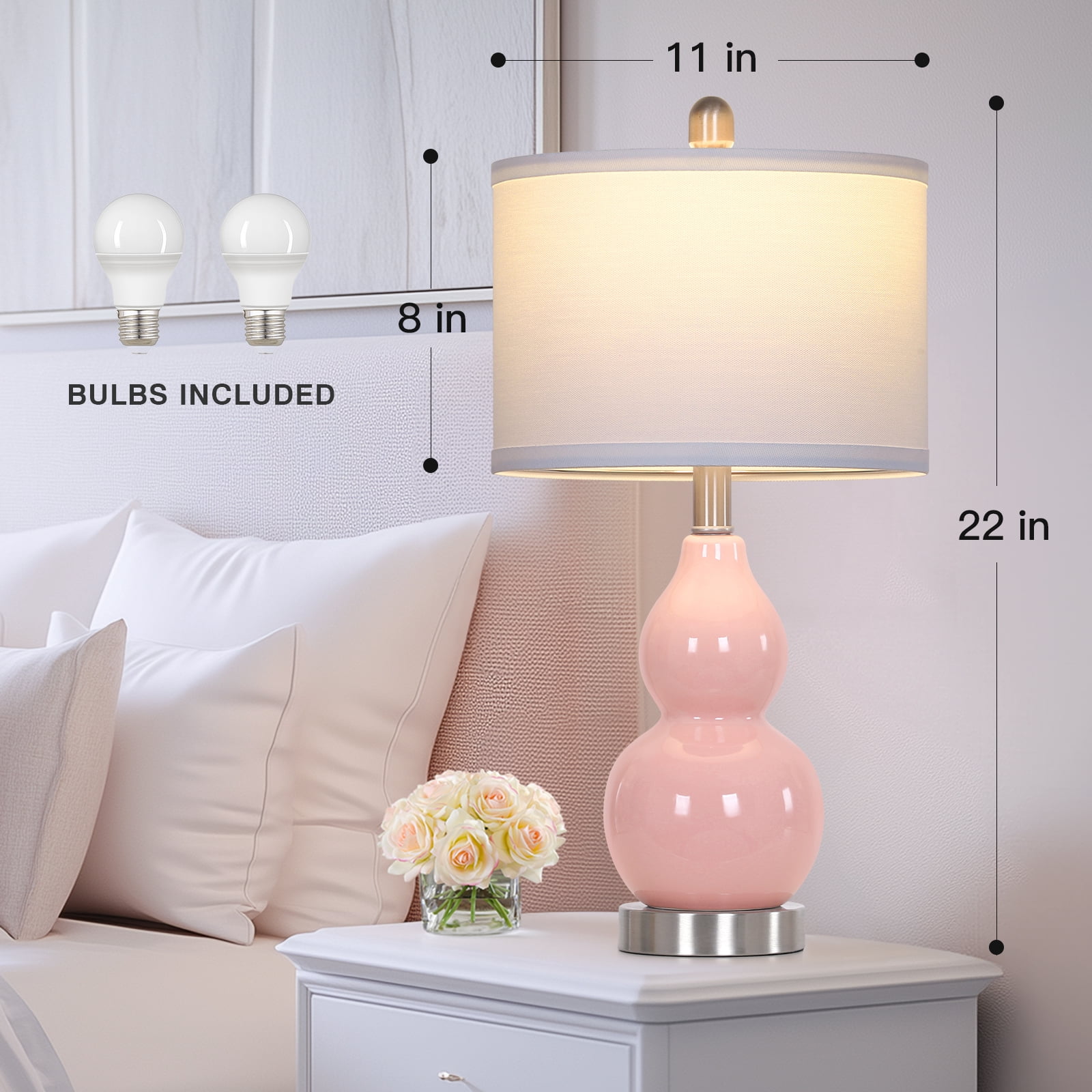 Cinkeda Pink Ceramic Table Lamp Set of 2 for Bedroom Living Room 22" Modern Double Gourd Nightstand Bedside Lamps with White Shade