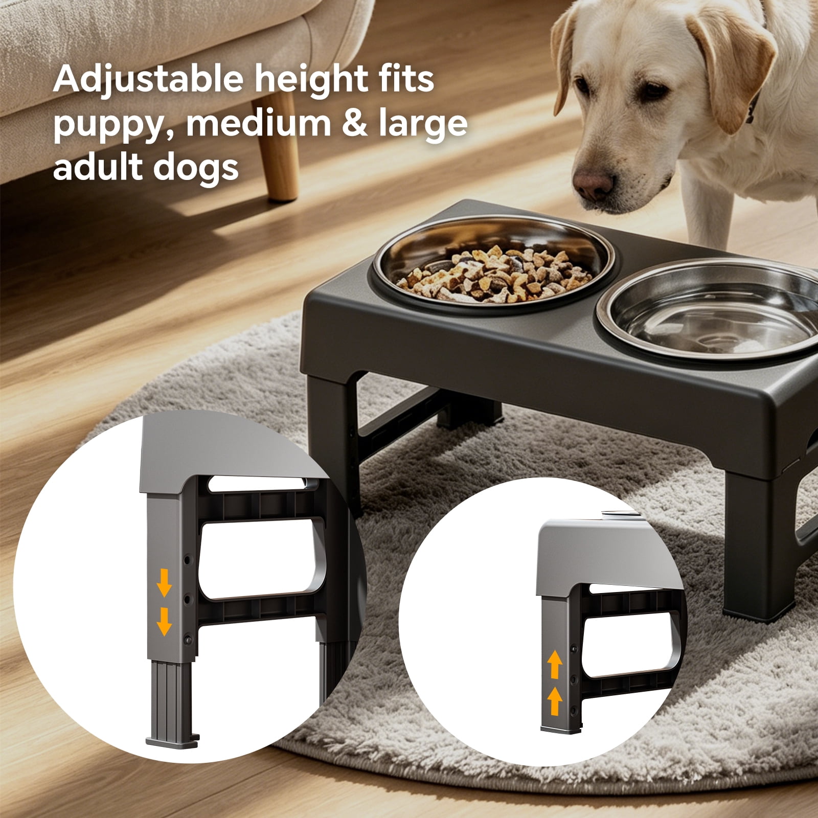 Elevated Dog Bowls Stand with Slow Feeder and 2 Stainless Steel Dishes, Height Adjustable Non-Slip Base Raised Pet Feeder for Most Sizes, Black