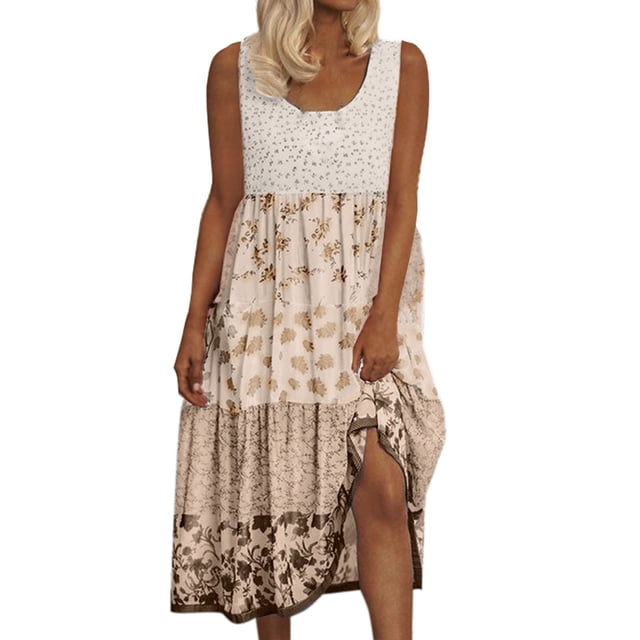 WTXUE Robes Gatsby, Robe de Plage Sans Manches Vestidos Casuales Para Mujer Col Rond, Robe de Soirée Fluide pour Femme Boho Maxi Robes Fluides Grande Taille pour Femme, Jaune Taille TTG
