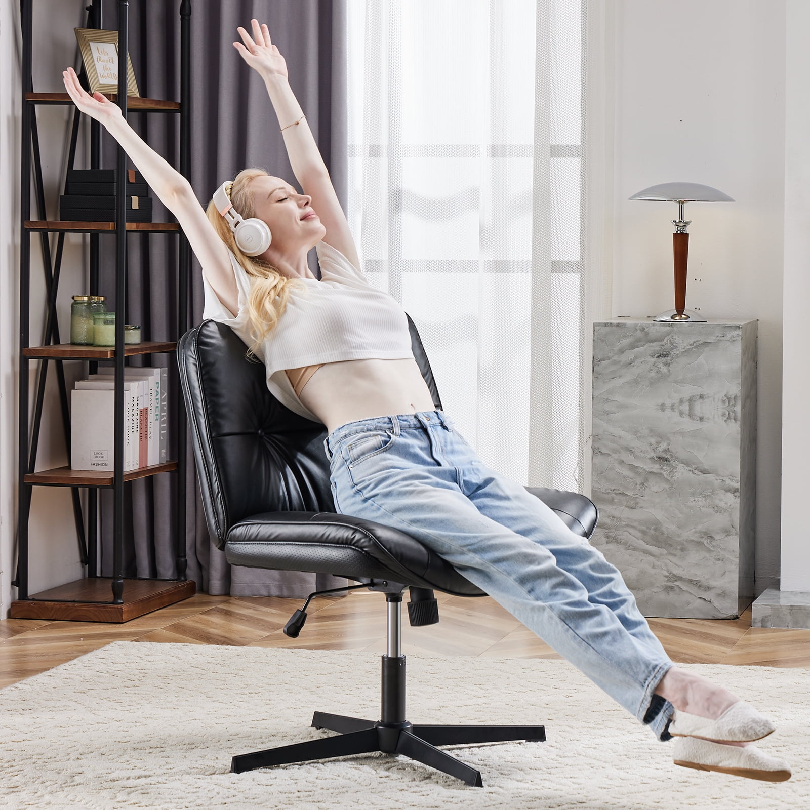 GIANNA Comfy PU Leather Criss Cross Office Chair, Durable and Ergonomic Modern Vanity Chair for Home Office and Study, Without Wheels, Black