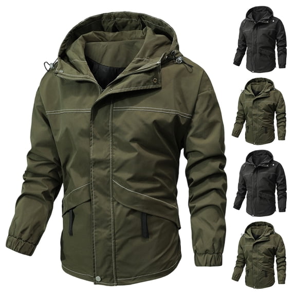 USSUMA Waterproof Jacket for Men Windproof Jacket Men Long Sleeved Hooded Full Zipper Pocket Coat Comfortable Solid Color Loose Outerwear Mountaineering Fall Top
