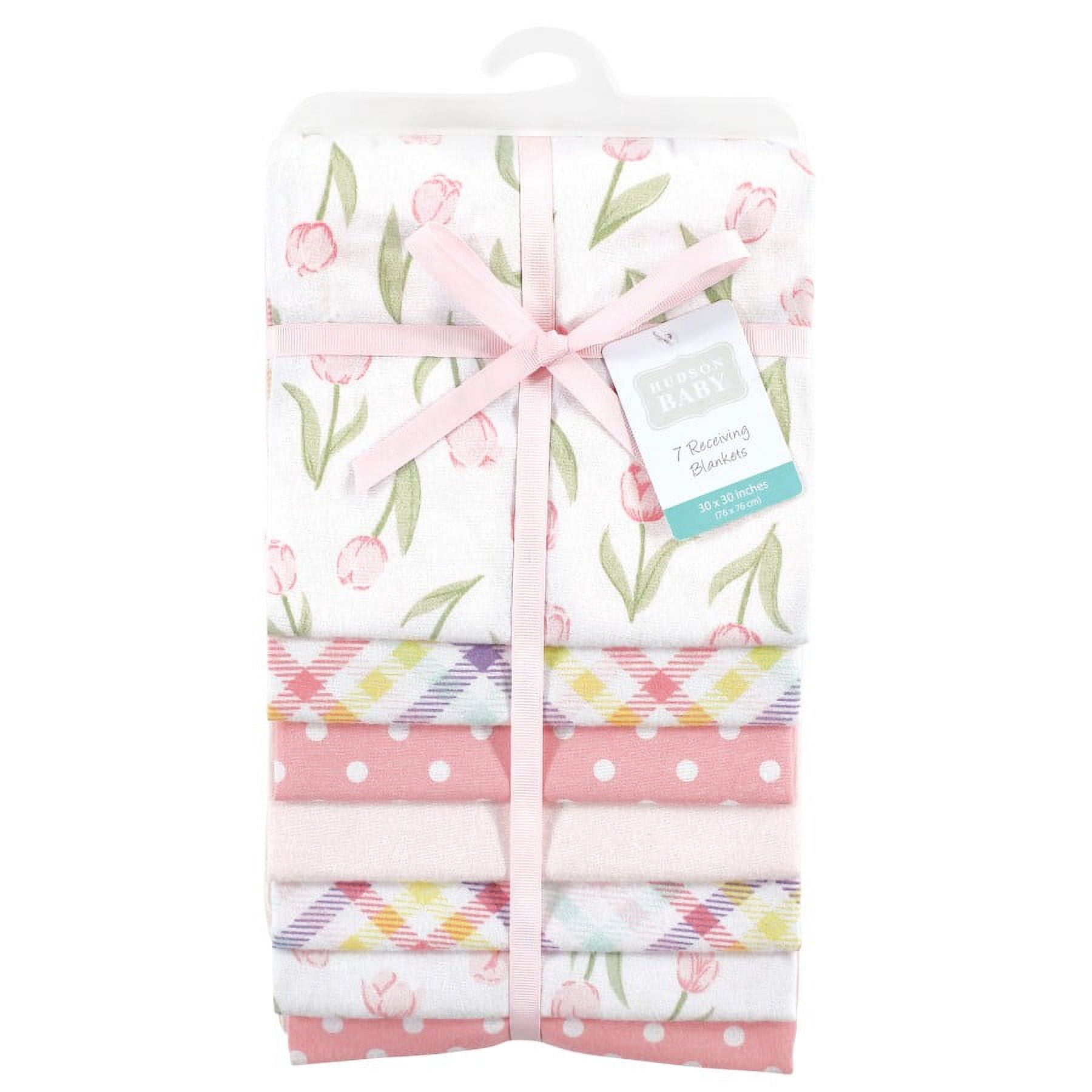 Hudson Baby Infant Girl Cotton Flannel Receiving Blankets Bundle, Pink Tulips, One Size