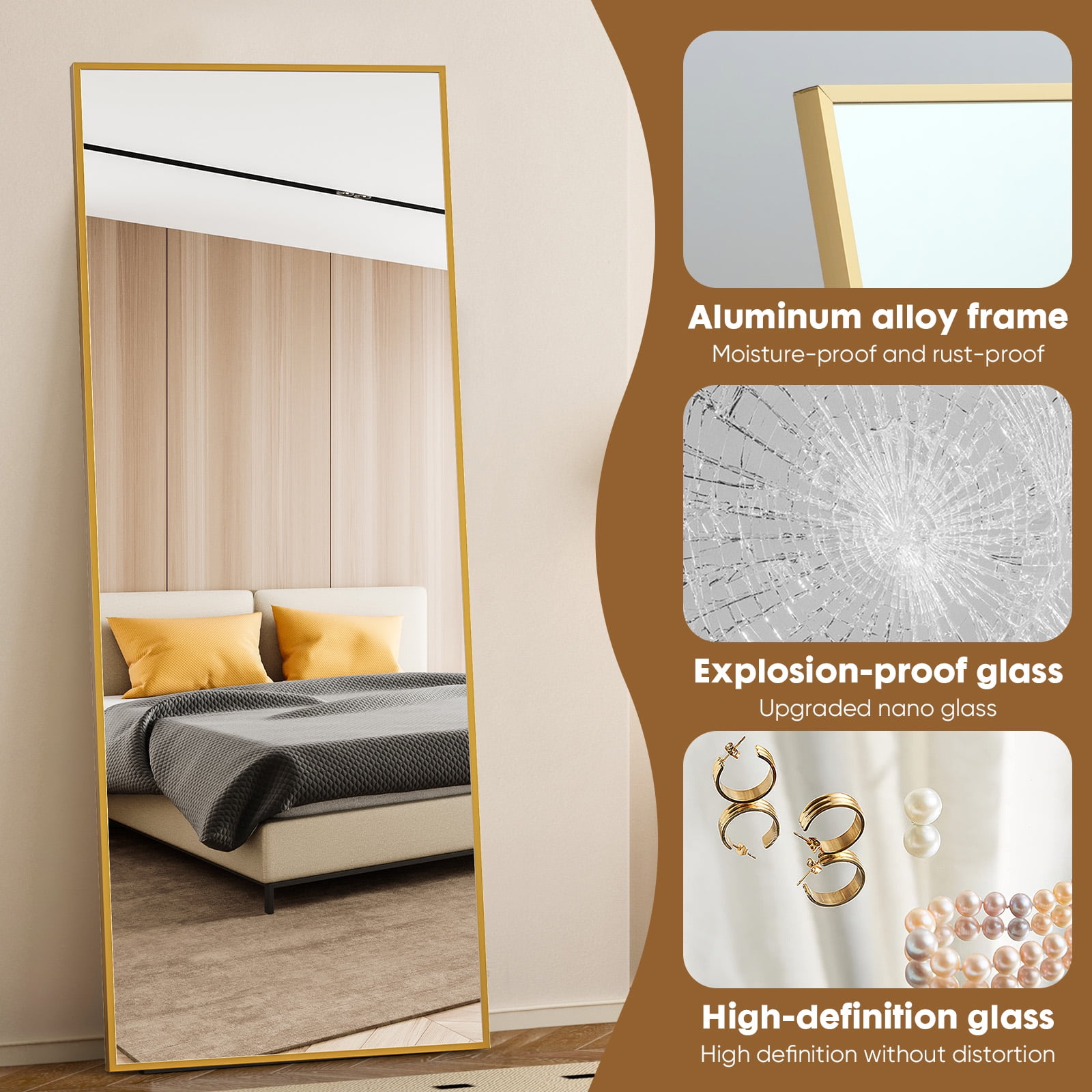 CONCETTA 71"x26" High-Quality Full Length Mirror, Aluminum Alloy Frame Ensures Stability, Standing Design for Bedroom, Gold