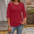 thumbnail image 2 of WTOBBY Women's Waffle Knit Round Neck 3/4 Sleeve Solid Color Casual Top for Spring Fall Season Comfortable Everyday Wear and Layering,Red 2XL, 2 of 7