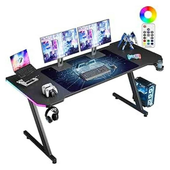 SONGMY Gaming Computer Desk with Carbon Fiber Surface, Gaming Table Z Shaped Pc Home Office with Cup Holder&Headphone Hook(63 in, Black,LED Light)