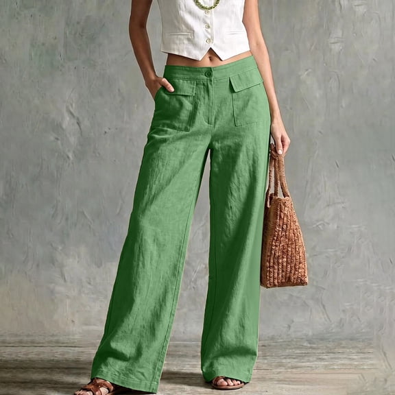 Mifsaly Wide Leg Linen Pants for Women High Waisted Work Trousers Lightweight Loose Fit Office Everyday Vacation Clothes with Front Pockets Green,L