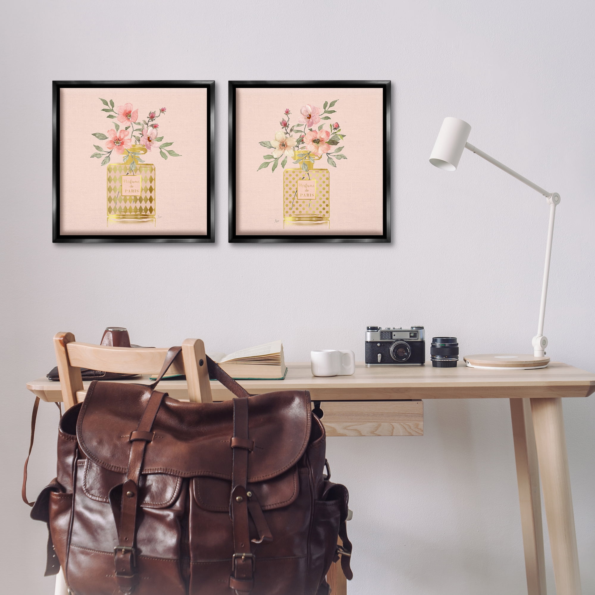 Stupell Industries Cotton Candy Pink Flower Perfume Plants & Flowers Painting Black Floater Framed Canvas Art Print Wall Art, 18 x 18, Set of 2