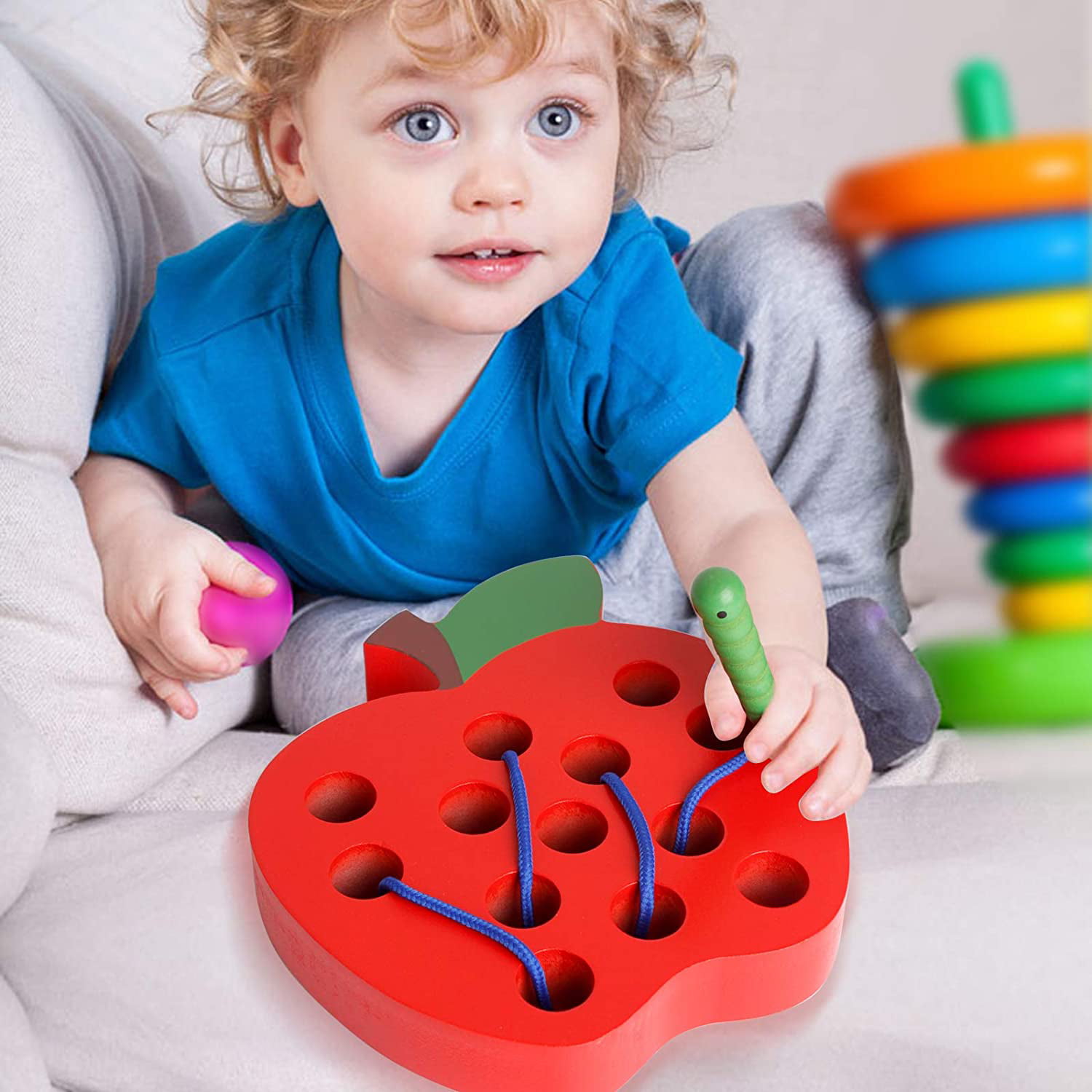 Wooden Caterpillar Apple String Lacing Activity Toy for Kids Toddlers Baby 