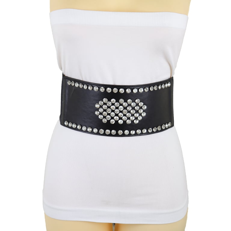 Women Black Elastic Wide Band Fashion Belt Silver Shield M L  display picture 3