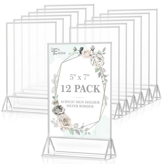 EHWINE 12 Pack Acrylic Sign Holder 5 x 7, Double Sided Silver Picture Frame Stand up Table Top Sign Holders, Clear Display Stand Menu Flyer Holder for Wedding Party (Provide Non-slip Mats)