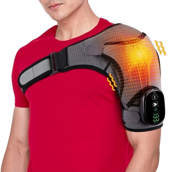 Shoulder Heating Pad with Massage, Heated Shoulder Wrap, Cordless Shoulder Massager with 3 Heat & Vibration, Overheat Protection, Adjustable Straps, 5000mAh Battery for Men Women, Gray Black