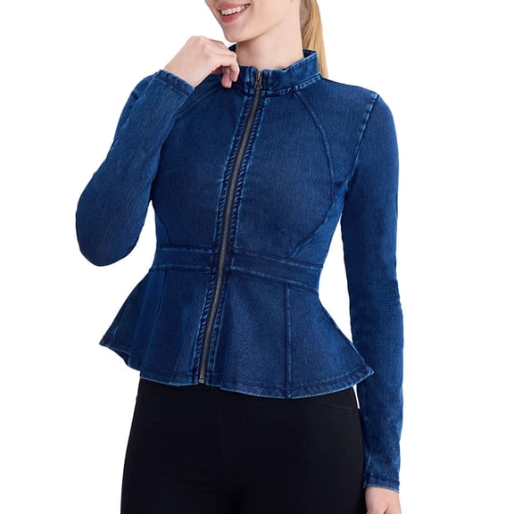Asgosdo Women's Jeans Jacket Long Sleeve Stand Collar Zipper Ruffle Denim Jacket Casual Trendy Coat