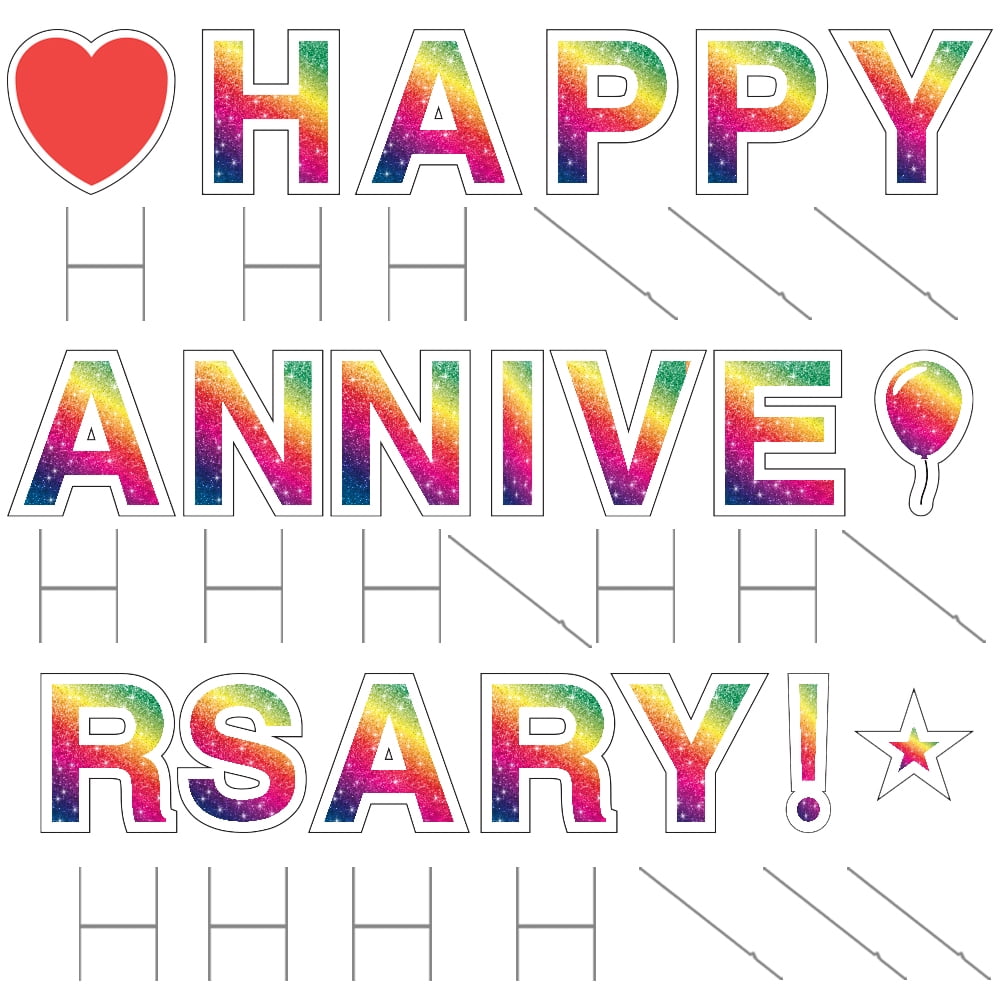 Vispronet Happy Anniversary Yard Signs with Stakes – Each Letter is 18in Tall – Made from Durable Coroplast - Weather-Resistant Signs and Steel Stakes (Faux Glitter Rainbow)