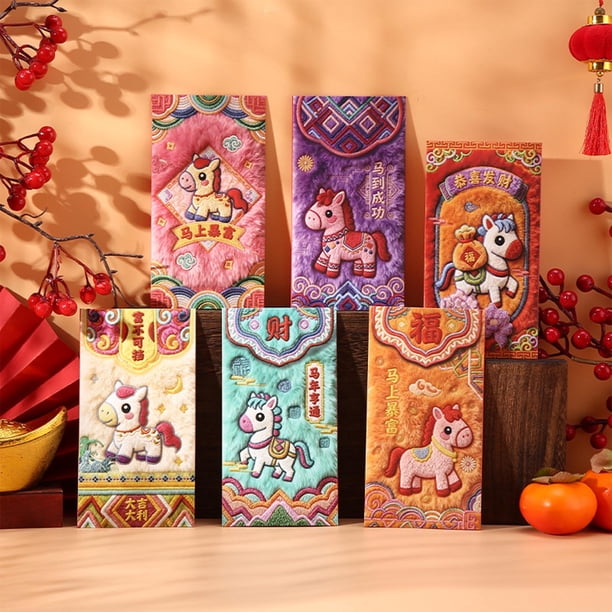 Decoración del hogar, decoración de habitaciones, decoración de paredes Sobres rojos con paquetes de dinero de caballos para el Año del Caballo 2026 Hong Bao Bolsillos rojos una cesta