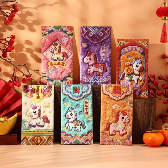 RKSTN un Panier Enveloppes Rouges avec Cheval Paquets d'Argent Chanceux pour 2026 Année des Chevaux Hong Bao Poches Rouges