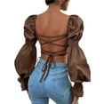 thumbnail image 2 of Liacowi Women Vintage Long Puff Sleeve Blouse Sexy Backless Crop Tops Cut Out Off Shoulder Shirt Tee Streetwear, 2 of 7
