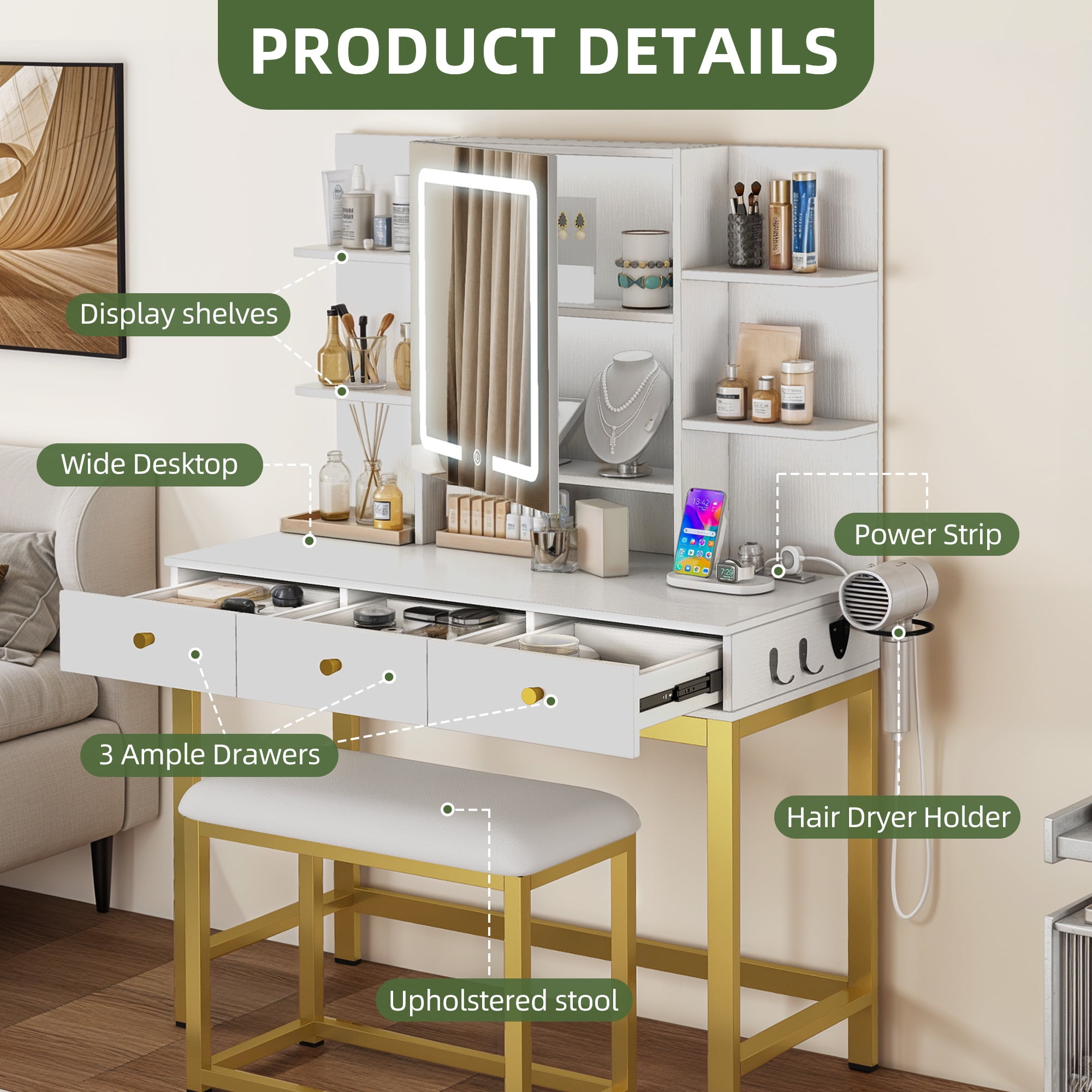 Uforic 39-Inch White Vanity Desk with Dimmable LED Mirror, Padded Stool, and Storage for Modern Bedrooms