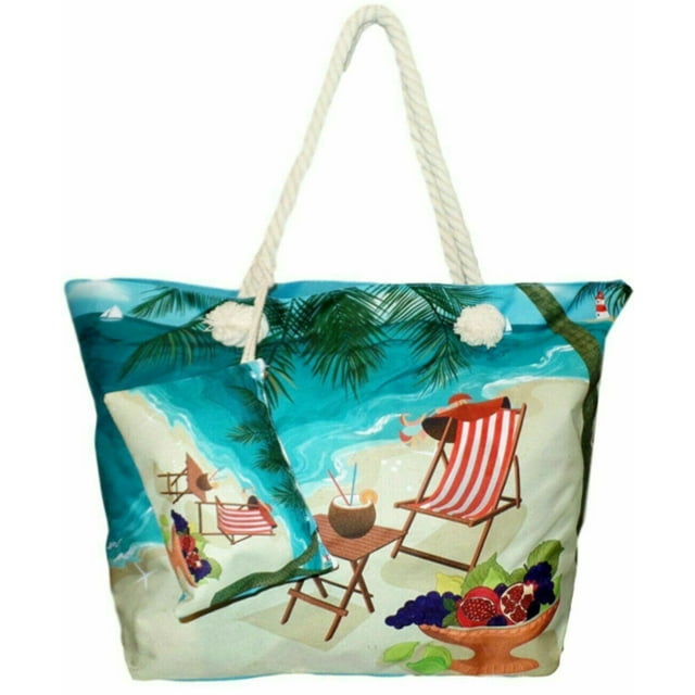 Flaskamite XL Beach Bag Tote with Zipper Closure, Extra Pouch and Rope Handles, Picnic on the Beach