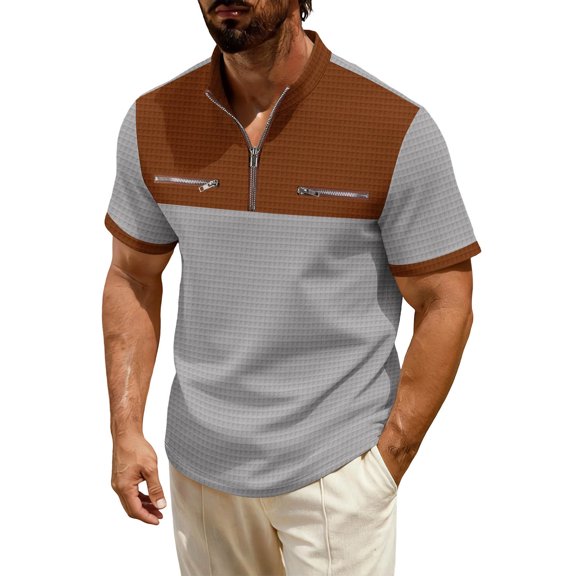 IROINNID Men's Color Block Waffle Knit Short Sleeve Half Zip Stand Collar Shirt with Zipper Pockets Casual Active Top Lightweight Breathable Summer Golf Outdoor Everyday Wear