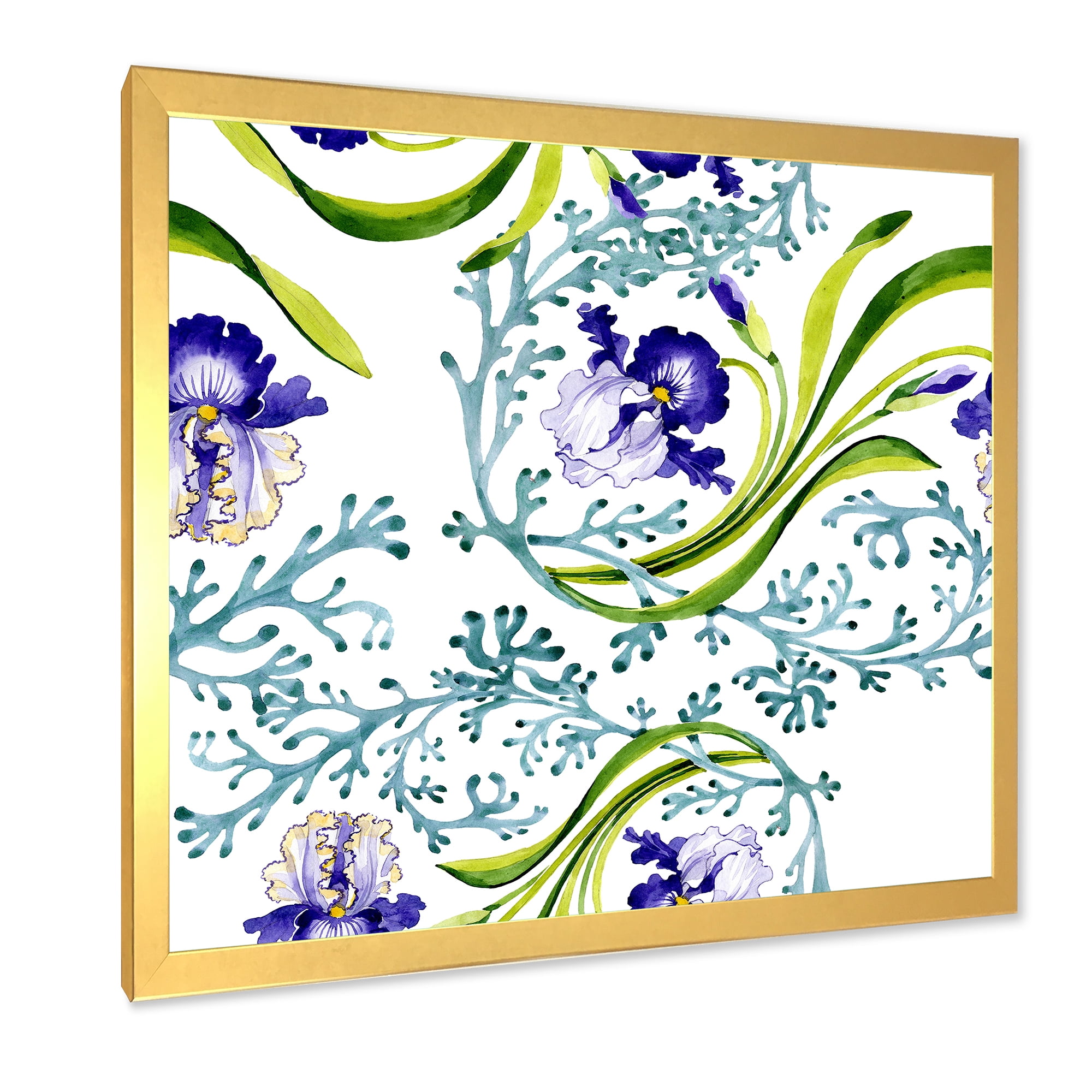 Abstract Blue Iris With Wild Spring Leaves 36 in x 36 in Framed Painting Canvas Art Print, by Designart