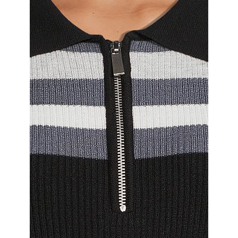 striped drop shoulder zipper front sweater