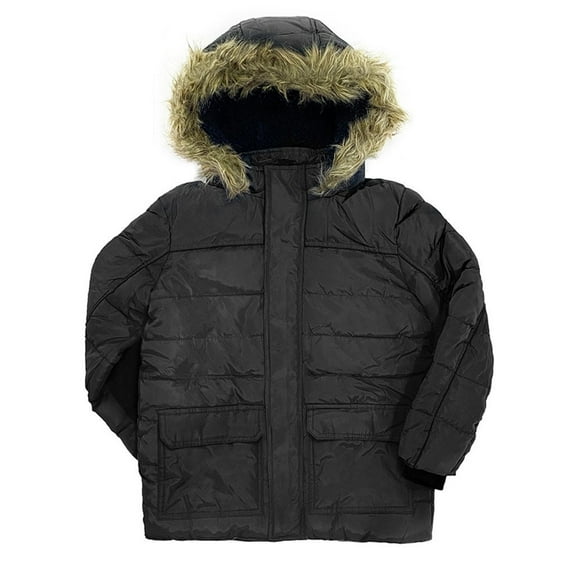 Boy's Winter Quilted Puffer Coat Warm Faux Fur Hooded Winter Jacket for Little Kid/Big Kid 4-14