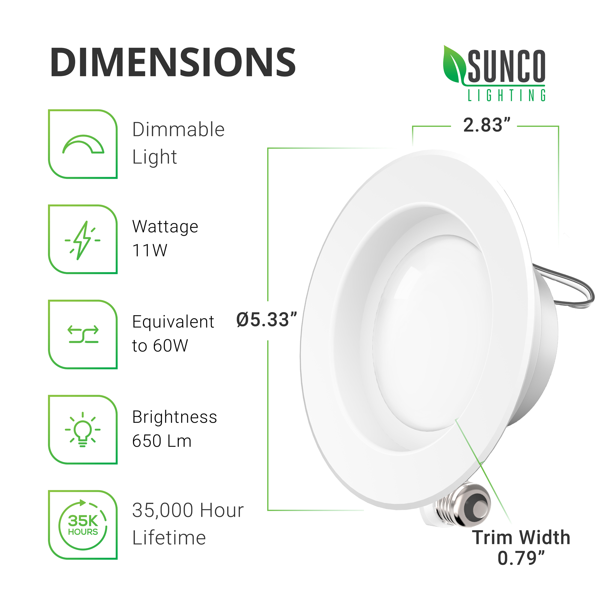 Sunco Lighting 12 Pack Inch LED Recessed Downlight, Smooth Trim, Dimmable,  11W=40W, 3000K Warm White, 660 LM, Damp Rated, Simple Retrofit Installation  UL Energy Star