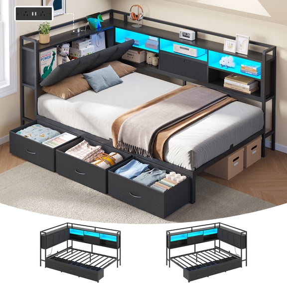 Twin Corner Bed Frame with Hidden Storage Headboard and 3 Drawers, Metal Corner Daybed with LED Lights & Charging Station, Twin Size Upholstered Bed Frames for Teens/Adults, Black