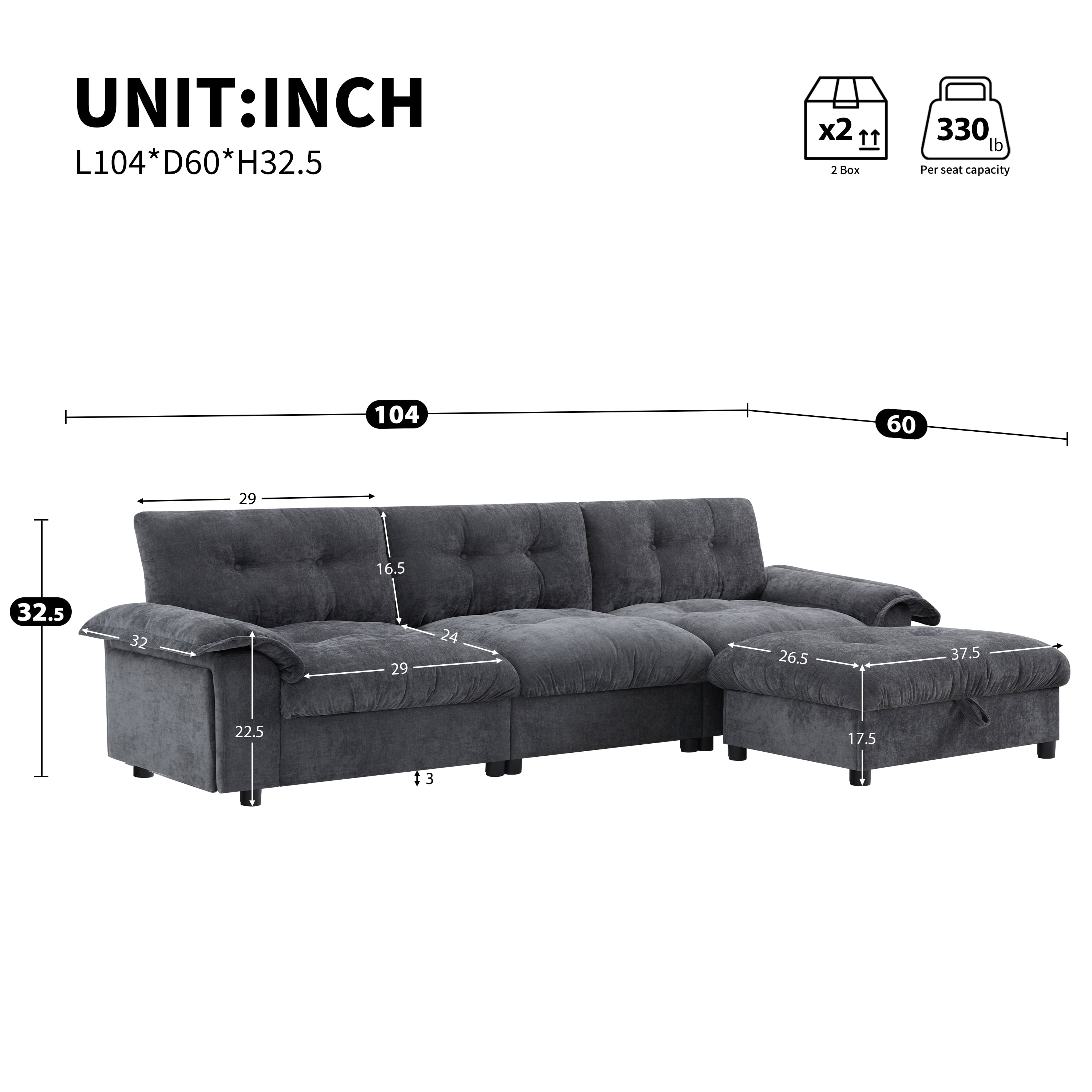 Sectional Sofa, L Shape Sofa, Tufted Sofa with Multifunction Pull-Out Armrest and Storage Ottoman, Chenille Couch with Side Storage Pockets, for Living Room, Dark Gray