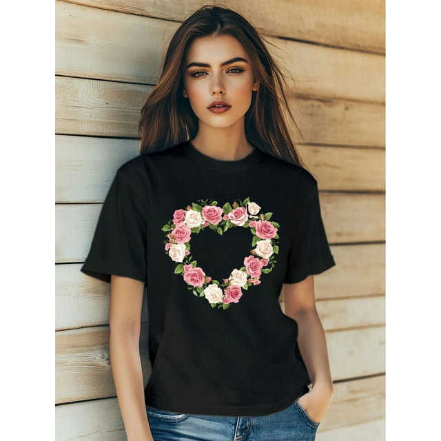 Camisetas con diseño gráfico para mujer, playera corta, clásico, estética, ropa de verano de los 90Women's Summer Casual T-Shirt Fashion Valentine's Day Love Flowers Print Short Sleeve Round-Neck