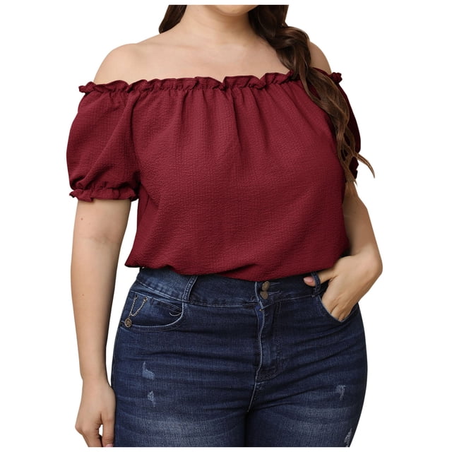 Tops Para Mujer Blusa Casual Elegante Camisas de Talla Grande Fuera Del Hombro Camisa de Cuello Recto de Manga Corta de Color Sólido Grande Odeerbi ODB166734