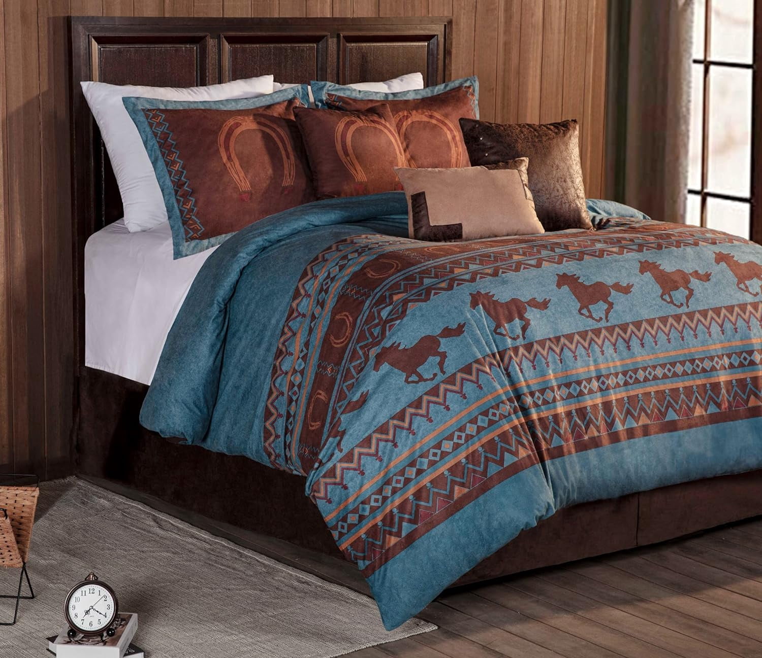 Chezmoi Collection Sedona 7-Piece Southwestern Wild Horses Microsuede Comforter Set, Full, Turquoise Blue