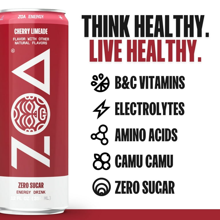 ZOA Zero Sugar Energy Drink, Cherry Limeade 12oz (12-Pack