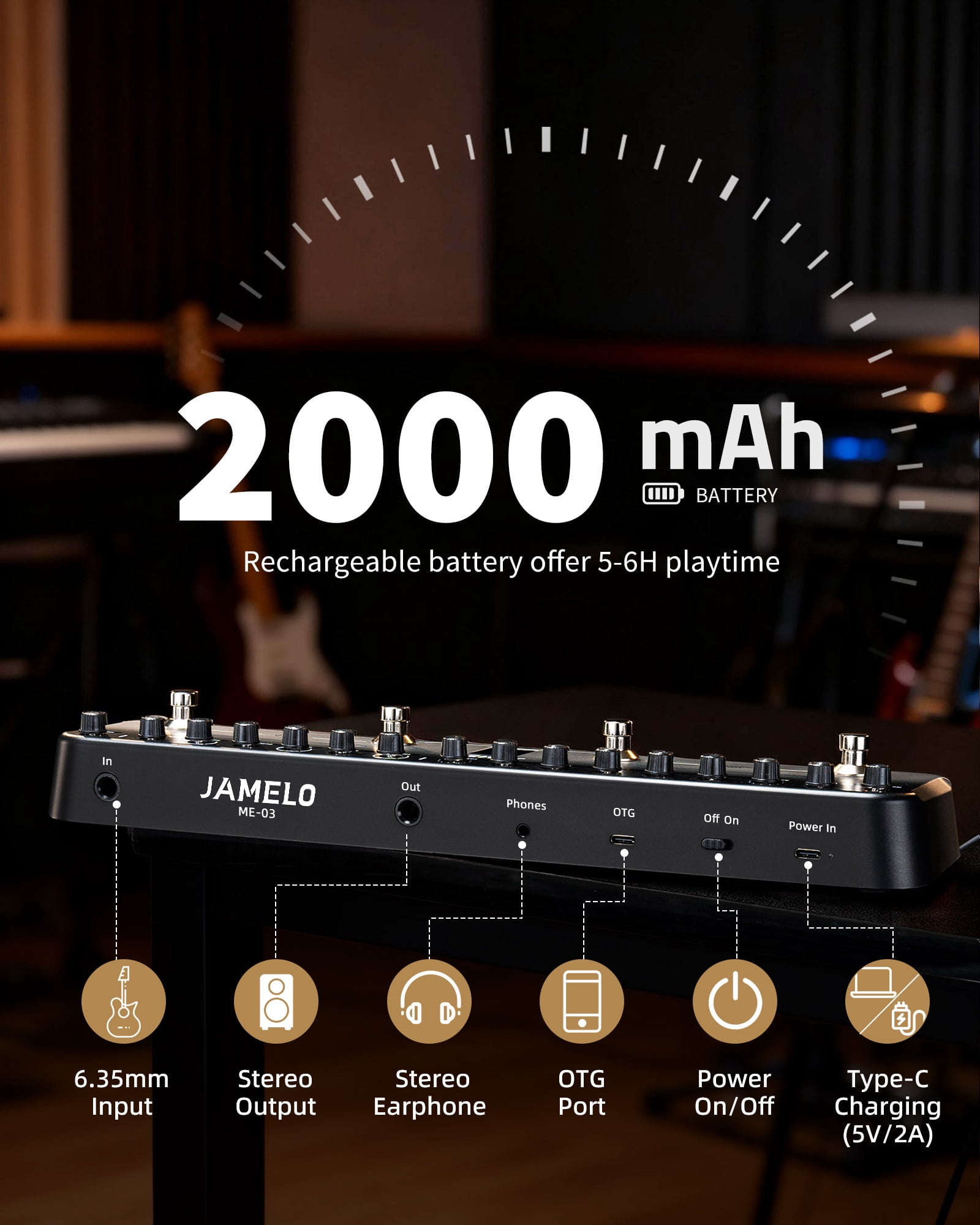 JAMELO Multi Effects Guitar Pedal,with 40 Editable Presets,7 Popular Effects Modules,Chorus,Delay,Reverb,MOD,Rechargeable Battery