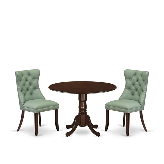 East West Furniture DLDA3-MAH-22 3 Piece Dining Table Set Includes a Round Kitchen Table with Dropleaf and 2 Upholstered Parson Chairs, 42x42 Inch, Mahogany