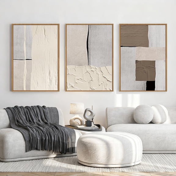 HPNIUB Large Abstract Neutral Framed Canvas Wall Art Mid Century Beige Brown Gray Textured Painting Set of 3 for Living Room Bedroom Office 24x36 Inch