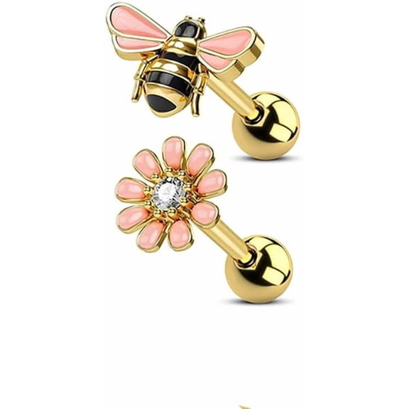 16G Daisy Bee Cartilage Stud Earrings for Women Stainless Steel Asymmetric Cute Flower Insect Small Helix Earrings Tragus Piercing Studs Conch Piercing Jewelry