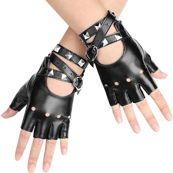 Guantes de cuero sintético con remaches estilo punk para mujer, de medio dedo, sin dedos, para actuaciones en escenarios