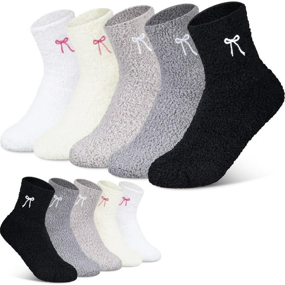 5 Pairs Bow Fuzzy Socks for Women Winter Warm Slipper Socks Plush Coral Fleece Gift for Christmas Spa Home Sleeping
