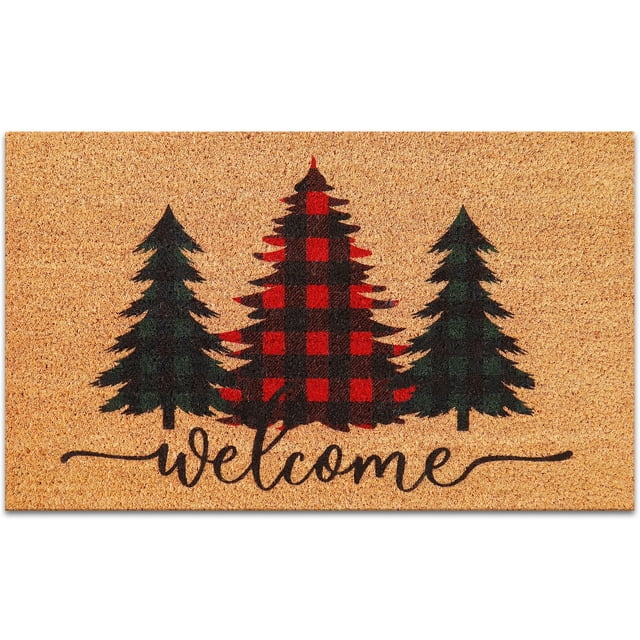 Alfombra Whaline Christmas de fibra de coco natural, tela escocesa de búfalo, 42 x 74 cm